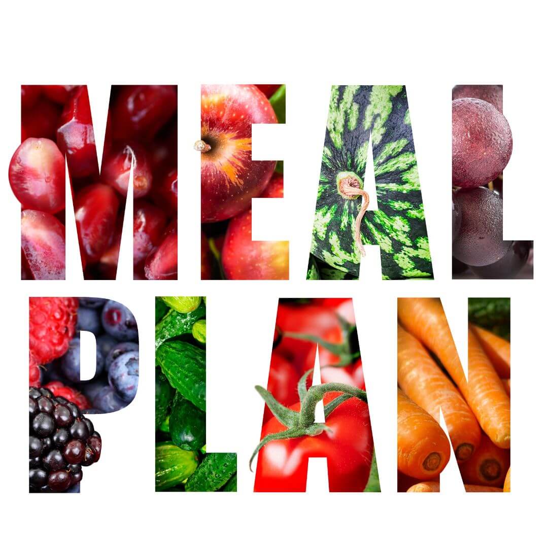 ”MEAL PLAN”の文字の形にトリミングされた野菜や果物の画像